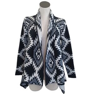 Tempo Paris Cardigan Sweater Black White Thick Knit Open Front Womens Small